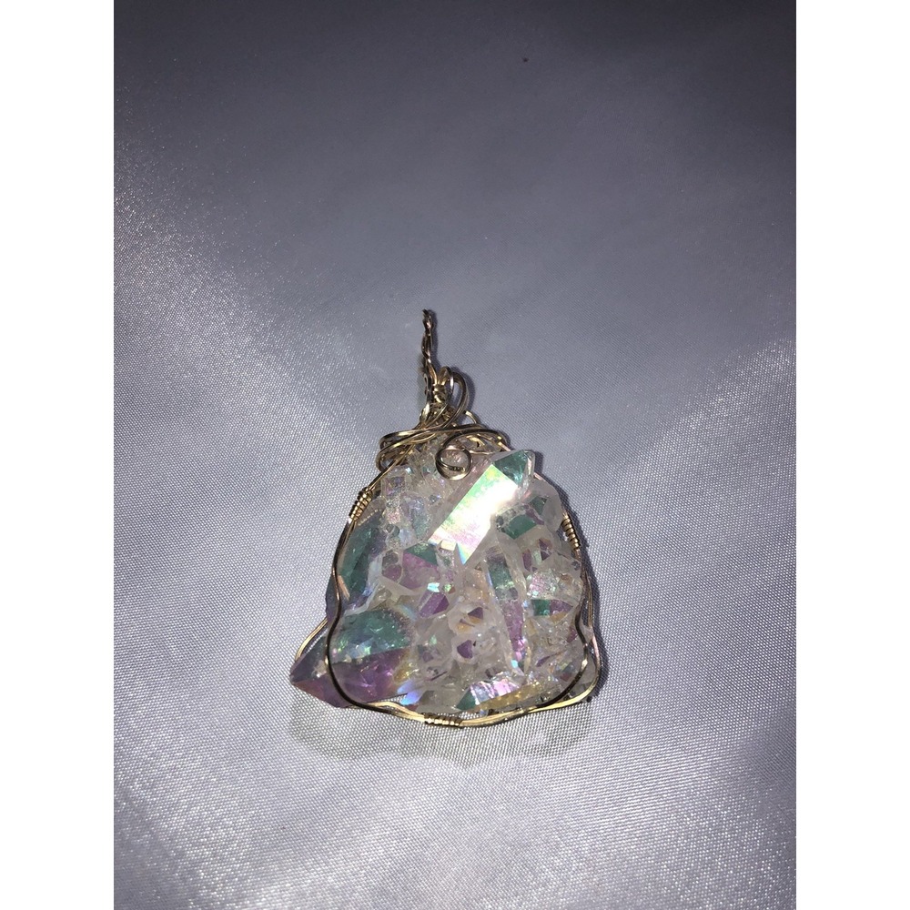 Artisan Dichroic Fused Glass Gold Colored Wire Wrap Pendant